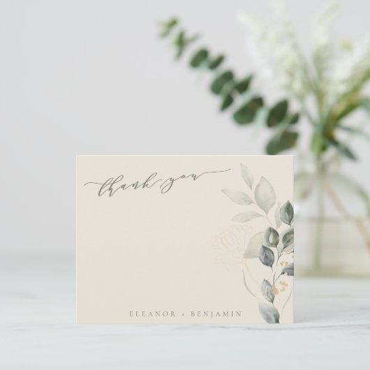 Minimale Script Rustic Gold Greenery Flat Wedding Bedankkaart (Staand voorkant)