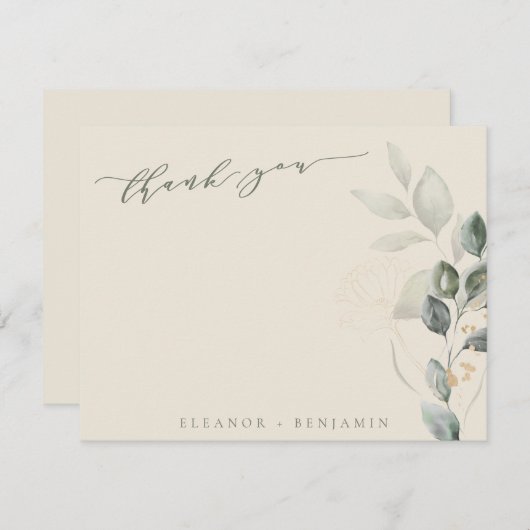 Minimale Script Rustic Gold Greenery Flat Wedding Bedankkaart (Voorkant / Achterkant)