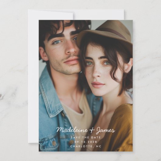 Minimale Script Sage Groene Foto QR Code Bruiloft Save The Date (Voorkant)