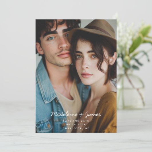 Minimale Script Sage Groene Foto QR Code Bruiloft Save The Date (Staand voorkant)