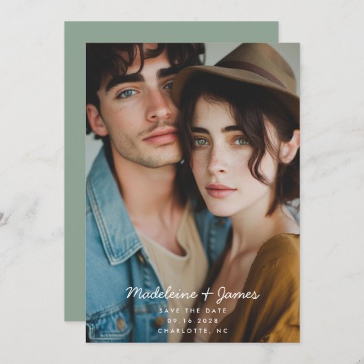 Minimale Script Sage Groene Foto QR Code Bruiloft Save The Date (Voorkant / Achterkant)