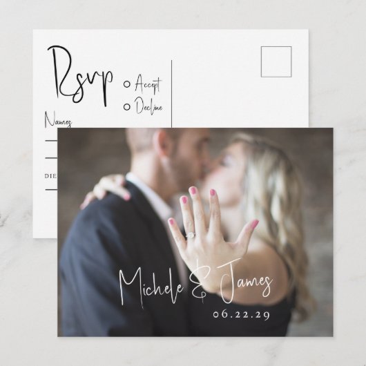 Minimale Script Typografie Foto Bruiloft RSVP Uitnodiging Briefkaart (Voorkant / Achterkant)