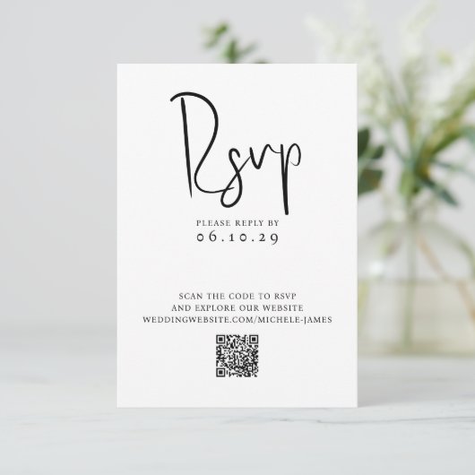 Minimale Script Typografie Foto QR Code Bruiloft RSVP Kaartje (Staand voorkant)