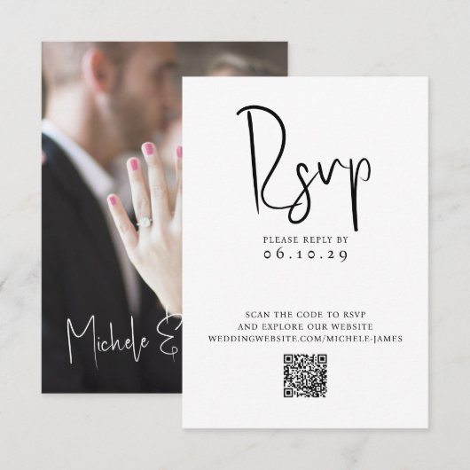 Minimale Script Typografie Foto QR Code Huwelijk RSVP Kaartje (Voorkant / Achterkant)