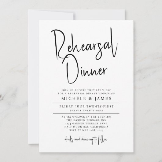 Minimale Script Typografie Huwelijksrepetitie Dine Kaart (Voorkant)