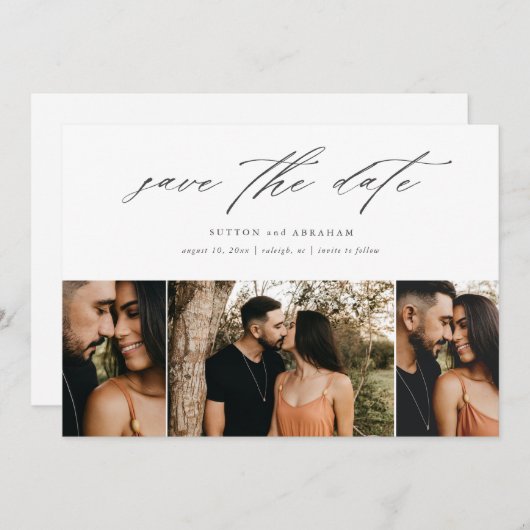 Minimale Script Wedding 3 Foto Save The Date (Voorkant / Achterkant)