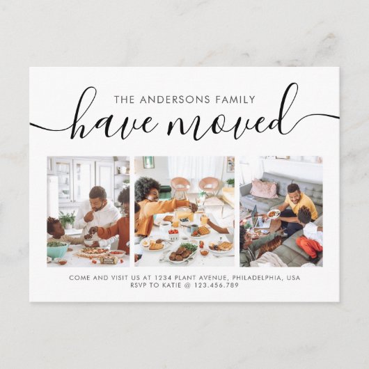 Minimale scriptkalligrafie 3 Foto verplaatsen Aankondigingskaart (Voorkant)
