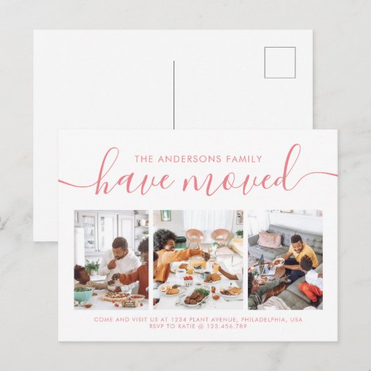 Minimale scriptkalligrafie 3 Foto verplaatsen Aankondigingskaart (Voorkant / Achterkant)