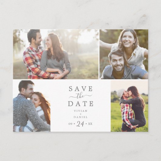 Minimale Silver 4-fotosjabloon Opslaan datum Uitnodiging Briefkaart (Voorkant)