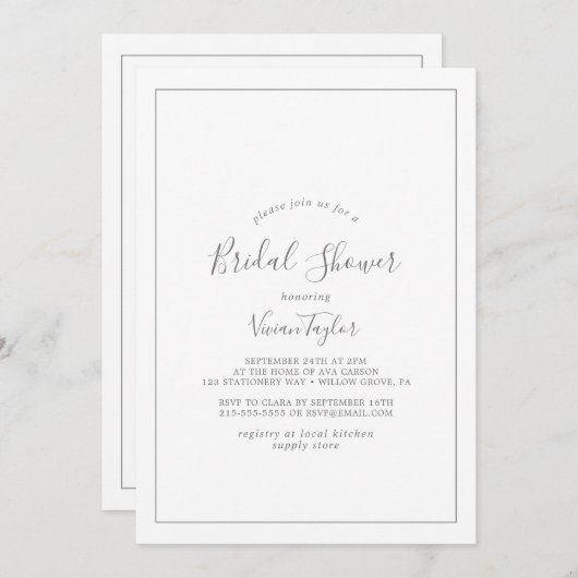 Minimale Silver Bridal Shower-uitnodiging Kaart (Voorkant / Achterkant)