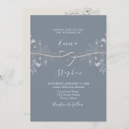 Minimale Silver Dusty Blue Wedding Uitnodiging (Voorkant / Achterkant)