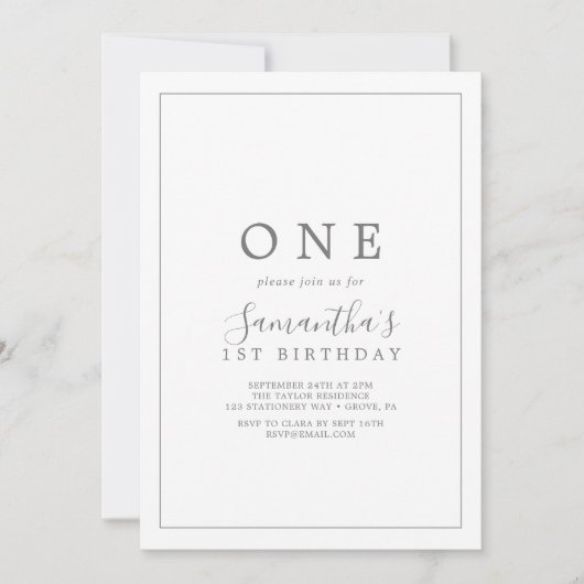 Minimale Silver First Birthday Party Uitnodiging (Voorkant)