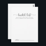 Minimale Silver Wedding Bucket List-kaarten Briefkaart<br><div class="desc">Deze minimalistische zilveren trouwemmer-lijstkaarten zijn de perfecte activiteit voor een rustige trouwreceptie of vrijgezellenfeest. Het eenvoudige en elegante ontwerp kenmerkt klassieke en fancy manuscripttypografie in zilver. Verander de formulering om het even welke levensgebeurtenis aan te passen. Het teken van de Bucket lijst wordt afzonderlijk verkocht.</div>