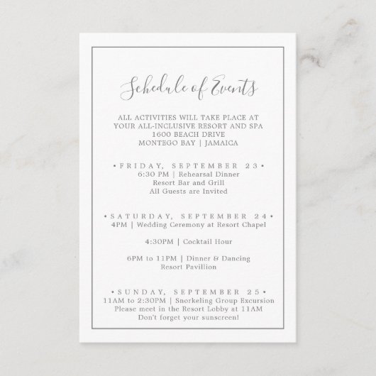 Minimale Silver Wedding Weekend Planning van Gebeu Informatiekaartje (Voorkant)