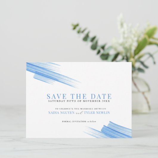 Minimale simpele blauwe inktlijnen foto bruiloft save the date (Staand voorkant)
