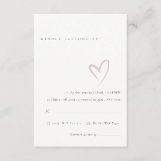Minimale Simple Script Blush Heart Wedding RSVP Informatiekaartje (Voorkant)