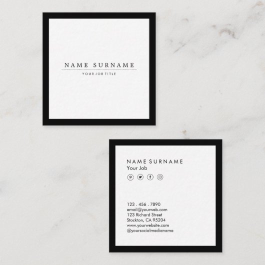Minimale sociale media Luxe zwart-wit Vierkante Visitekaartje (Voorkant / Achterkant)
