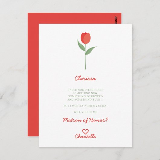Minimale Soft Red Tulip voor het Bridesmaid-voorst Briefkaart (Voorkant / Achterkant)
