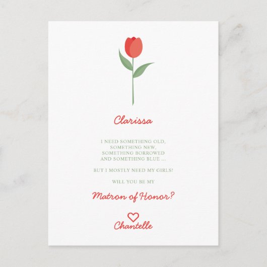 Minimale Soft Red Tulip voor het Bridesmaid-voorst Briefkaart (Voorkant)
