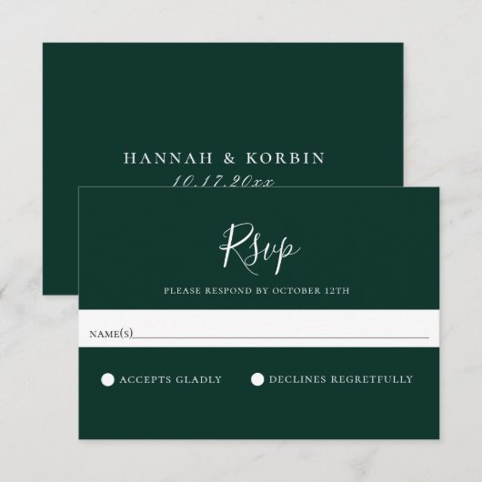 Minimale Solid Emerald Green Wedding RSVP-kaart RSVP Kaartje (Voorkant / Achterkant)