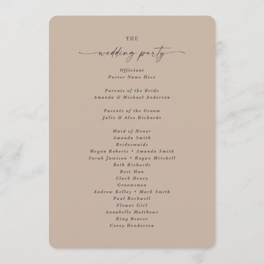 Minimale Solid Taupe Beige Wedding Ceremonie Programmakaart (Achterkant)