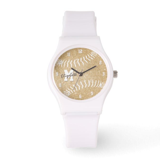 Minimale sport girly goud monogram softbal horloge (Voorkant)