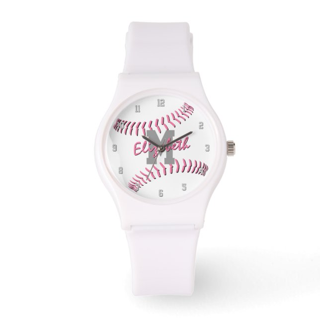 Minimale sporten Roze Grijs Wit Monogram Softball Horloge (Voorkant)