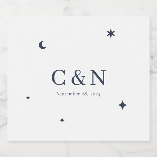 Minimale Star Moon Monogram Bruiloft Sparkling Wijnetiket (Enkel label)