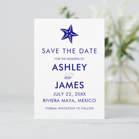 Minimale Starfish Save the Date Wedding, Navy (Staand voorkant)