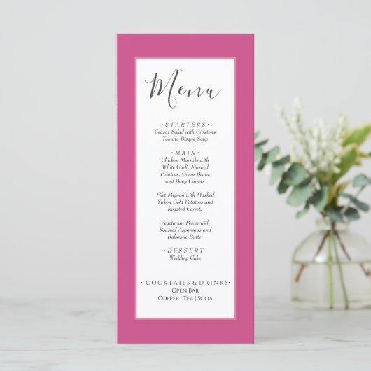 Minimale Stevige Kleur Fuchsia Magenta Roze Huweli Menu (Staand voorkant)
