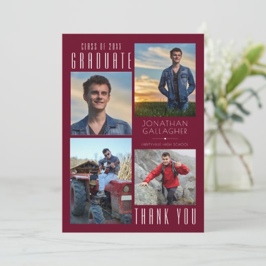Minimale stijlvol AFSTUDEREN dank:Foto maroon Bedankkaart (Staand voorkant)