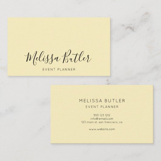 Minimale stijlvolle kalligrafiepastel geel visitekaartje (Voorkant / Achterkant)