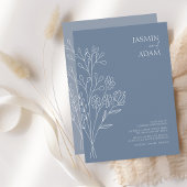 Minimale Stof Blauw Witte Wilde Bloemen Bruiloft Kaart