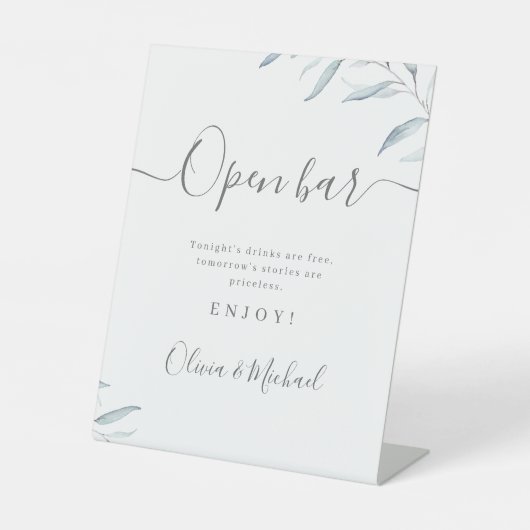 Minimale stoffige blauwe grijze script roestvrije  reclamebord met voetstuk (Voorkant)