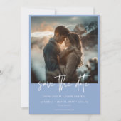 Minimale stoffige blauwe moderne foto bruiloft save the date (Voorkant)
