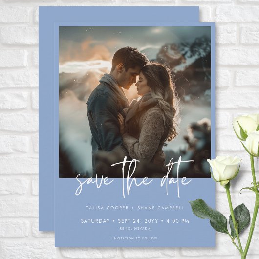 Minimale stoffige blauwe moderne foto bruiloft save the date