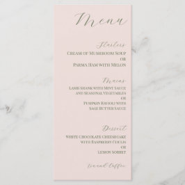 Minimale stoffige roze en olijfgroene huwelijksmen menu