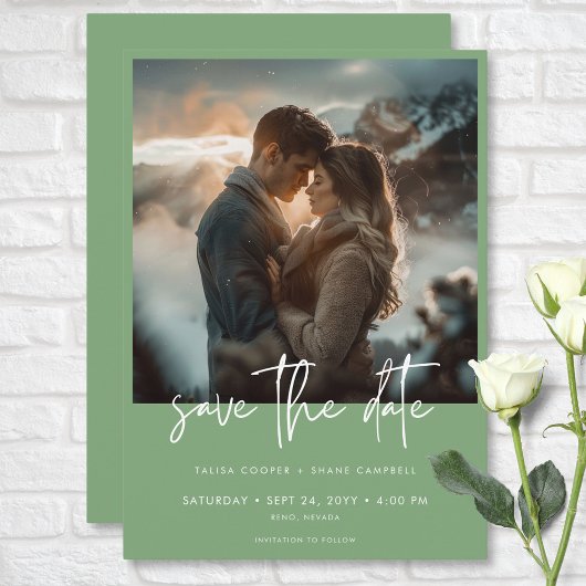 Minimale stoffige sage groene moderne foto bruilof save the date