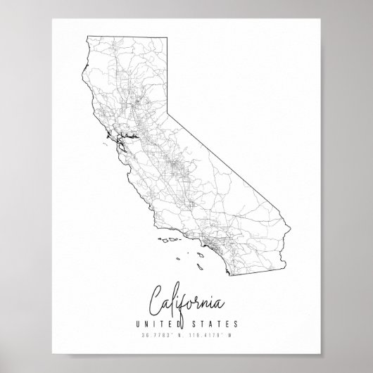 Minimale Straatkaart van Californië Poster (Voorkant)