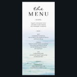 Minimale strandgolfjes bruiloftsmenu menu<br><div class="desc">Voeg dit bijpassende menu toe aan uw trouwdecoratie. Deze prachtige, minimalistische watercolor strand trouwcollectie heeft een serene, handgeschilderde oceaan achtergrond die de rustgevende schoonheid van de zee perfect weergeeft. Met zachte, vloeiende golven in delicate tinten blauw en turquoise, en elegante, onderkoelde lettertypes, straalt dit ontwerp een gevoel van kalmte en...</div>