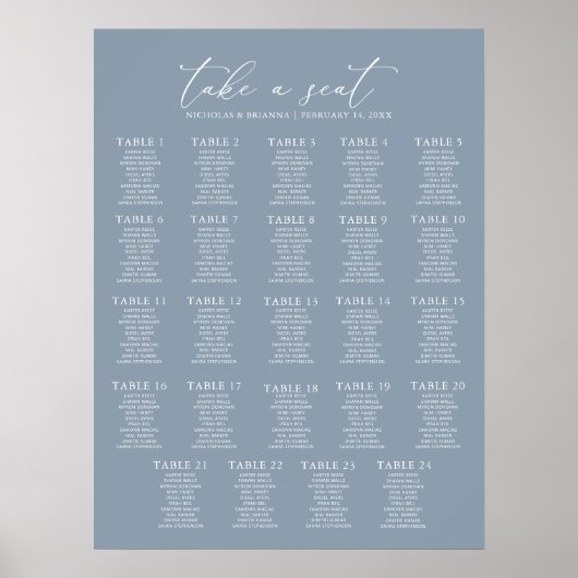 Minimale Stusty Blue Wedding 24 Table Seating Char Poster (Voorkant)