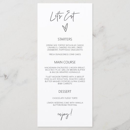 Minimale Tall Menu Wedding Classic Meal Card G400 (Voorkant)