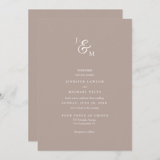 Minimale Tan Neutral Monogram Weddenschap Kaart (Voorkant / Achterkant)