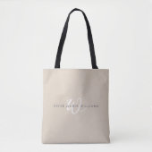 Minimale Tan Witte Script Monogram Tote Bag (Voorkant)