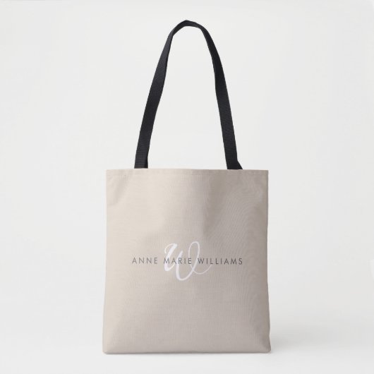 Minimale Tan Witte Script Monogram Tote Bag (Voorkant)