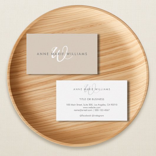 Minimale Tan Witte Script Monogram Zakelijk Visitekaartje