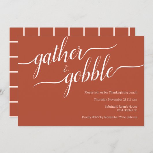 Minimale Terra Cotta Gather & Gobble Thanksgiving Kaart (Voorkant / Achterkant)