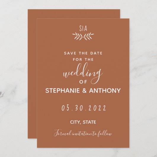 Minimale terracotta Branch Calligraphy Wedding Save The Date (Voorkant / Achterkant)