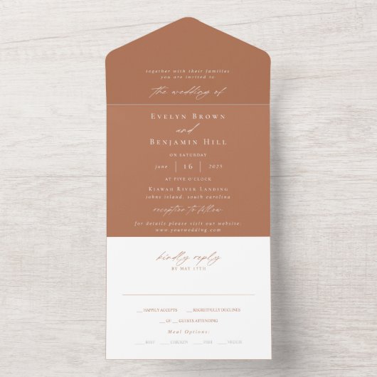 Minimale terracotta Calligraphy Modern Wedding All In One Uitnodiging (Binnen)