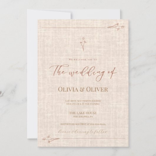 Minimale terracotta faux linen bruiloft kaart (Voorkant)